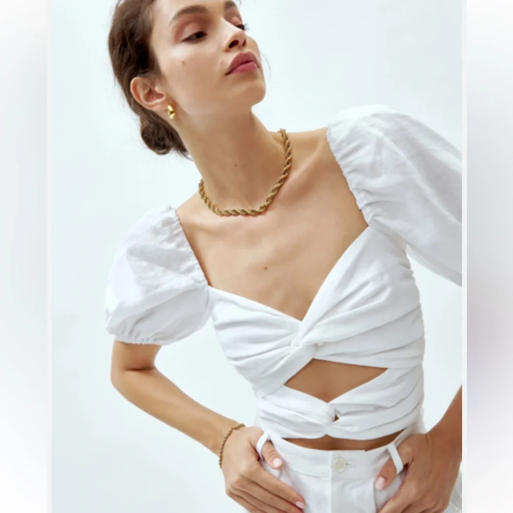Reformation Karina Linen White Cutout Puff-Sleeve Top. Size 4